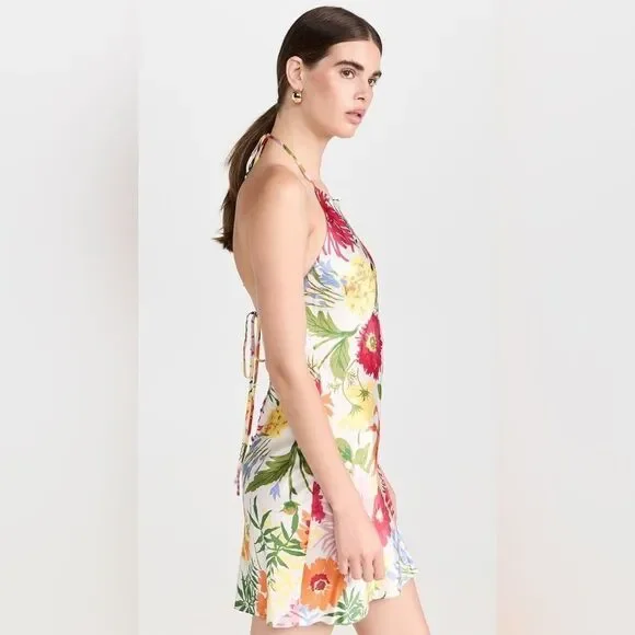 REFORMATION NWT Jennis Floral Silk Halter Mini Dress Low Back String Tie Large - Picture 6 of 10